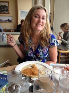Eating banana pancakes for breakfast at an old Victorian restaurant in Pacific Grove.
